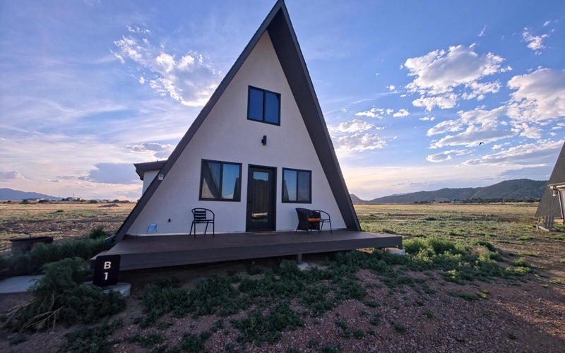 Sirius A-frame cabin at dusk at Observer Ranch near the Royal Gorge