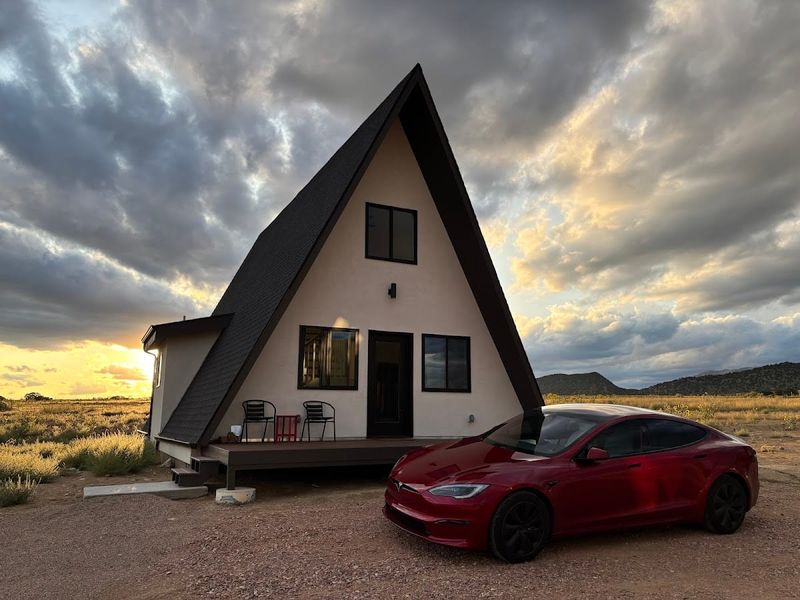 A-frame cabin at sunset, Observer Ranch