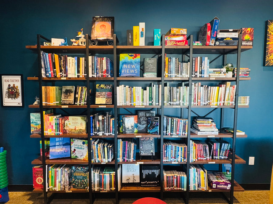 Little Spark Library shelves with hundreds of donated books