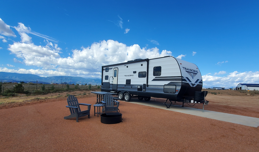 Camper on Select back-in RV site R33 at Observer Ranch with mountain views