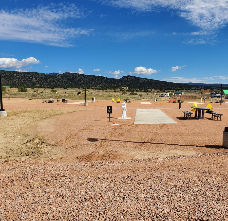Full-hookup utility pedestal on Signature pull-through RV site 17 at Observer Ranch, Colorado