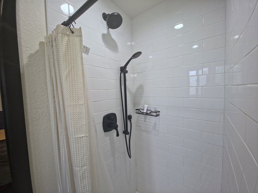 Bathroom shower, wide view, in Sirius cabin at Observer Ranch