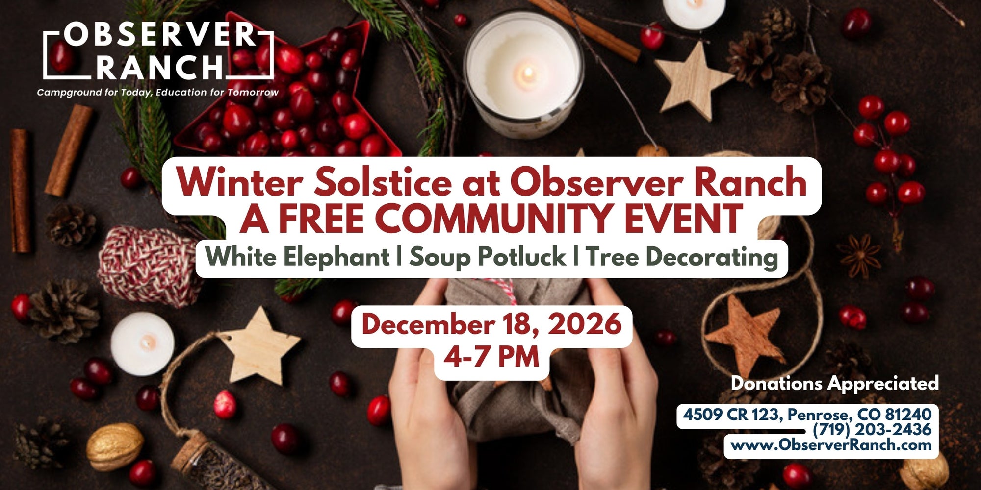 Winter Solstice at Observer Ranch, a free community event, December 18, 2026, 4 to 7 PM