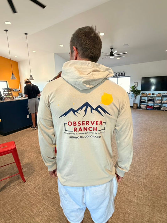 Observer Ranch cream hooded shirt, mountain logo back print